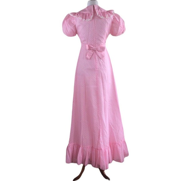 Vintage 70s Maxi Dress Pink Swiss Dot Ruffle Pom Trim Puff Sleeve ILGWU Size 7/8 - Picture 7 of 13